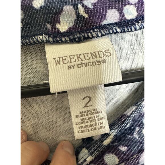 Weekends by Chico's Size 2 US 12 Long Sleeve White/Blue Graphic Dots Knit Top - Picture 4 of 8